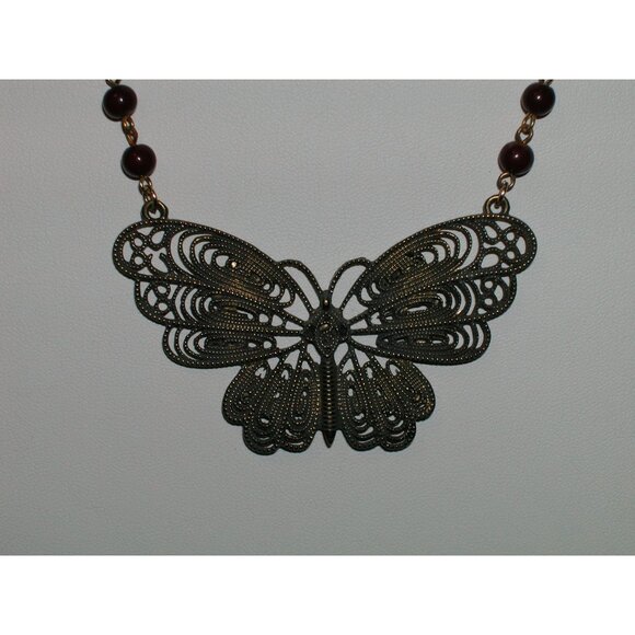 Vintage Filigree Butterfly Pendant Necklace With Brown Bead Chain - Picture 4 of 6